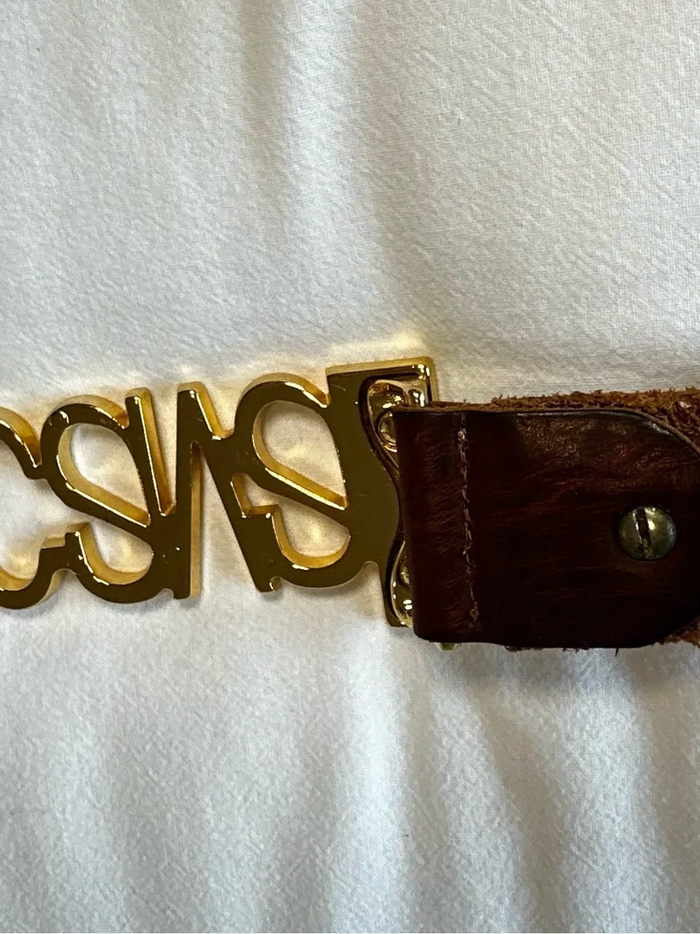 Just Cavalli Brown Leather Logo Belt Gold Buckle